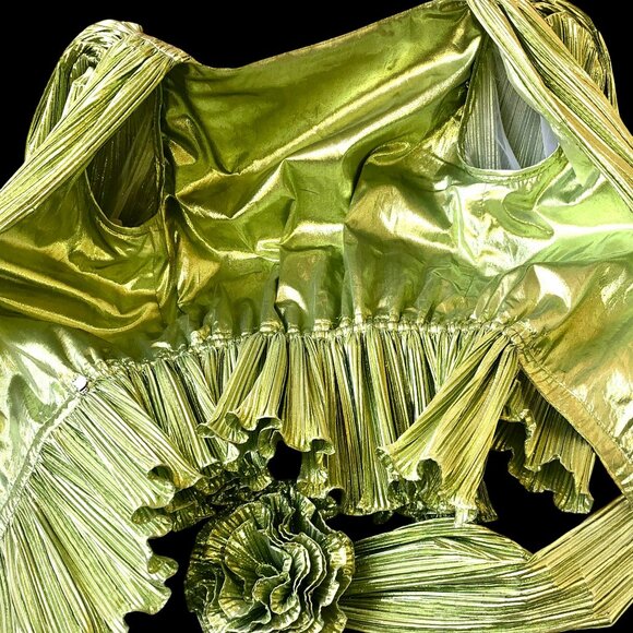 Vintage 80's Metallic Peridot Accordian Pleats Evening Blouse Belt Flower - Picture 12 of 14